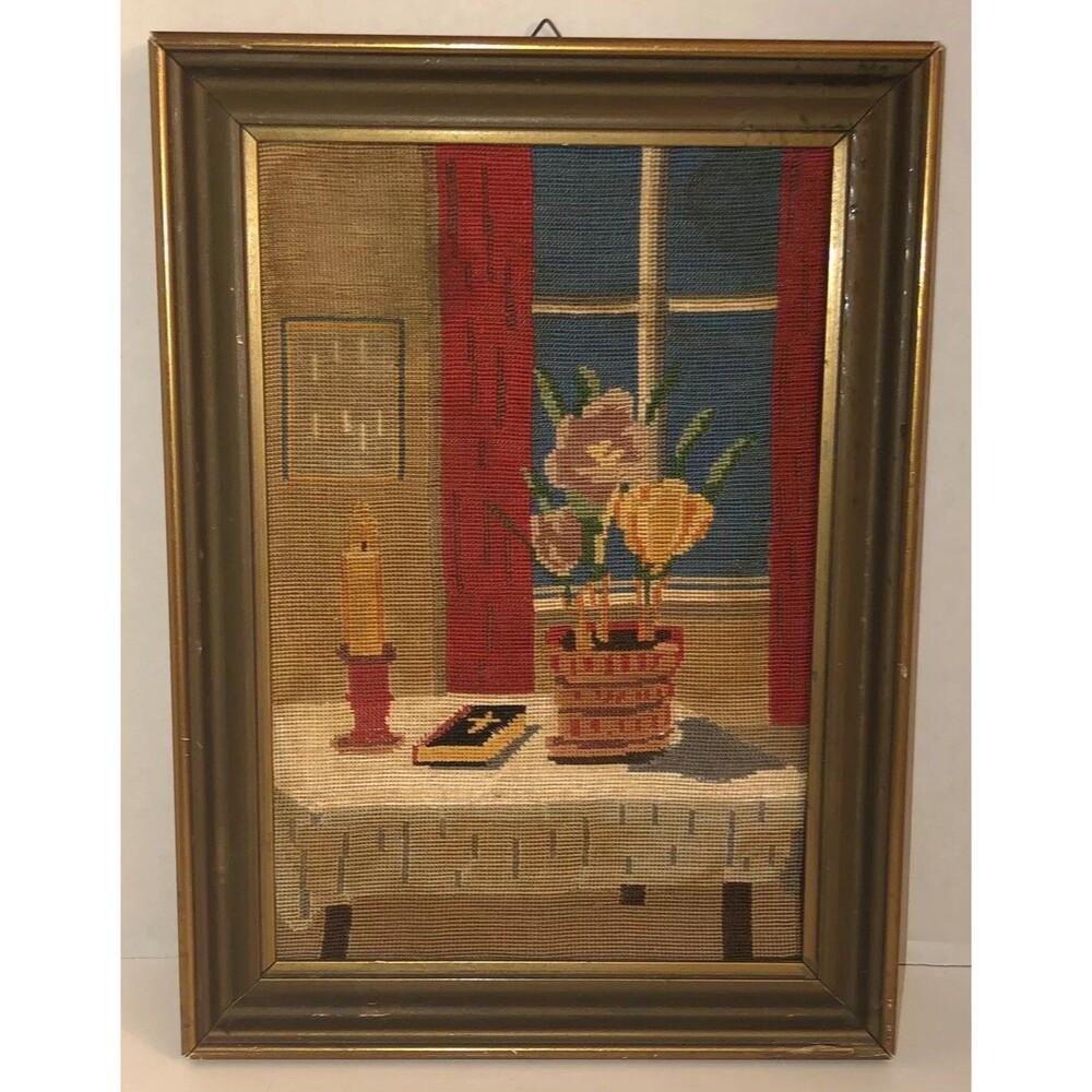 VTG 60s 70s STILL LIFE Bible Flowers Table Candle Christian Cross Stitch Framed